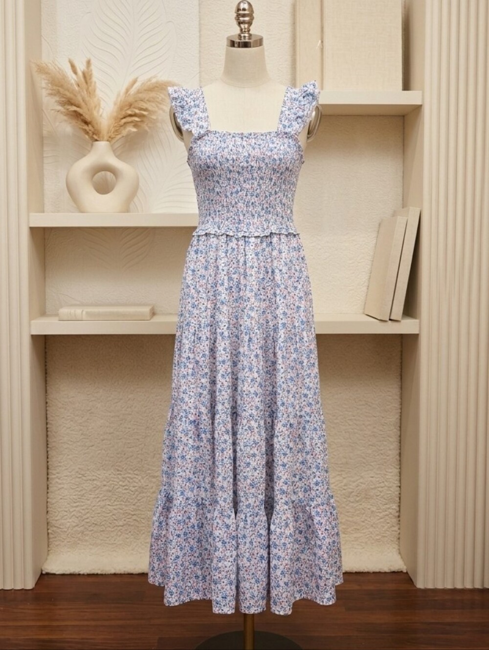 Ruffle Butts Floral Smocked Maxi Sundress – White w/Blue & Pink Blooms | Small